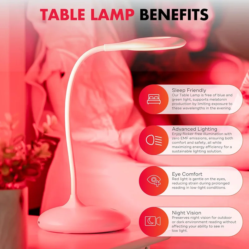 620nm Red Table Lamp Touch Sensitive With Standing Dimmable NO Blue Desk Reading Lights USB Rechargeable Migraine Relieve