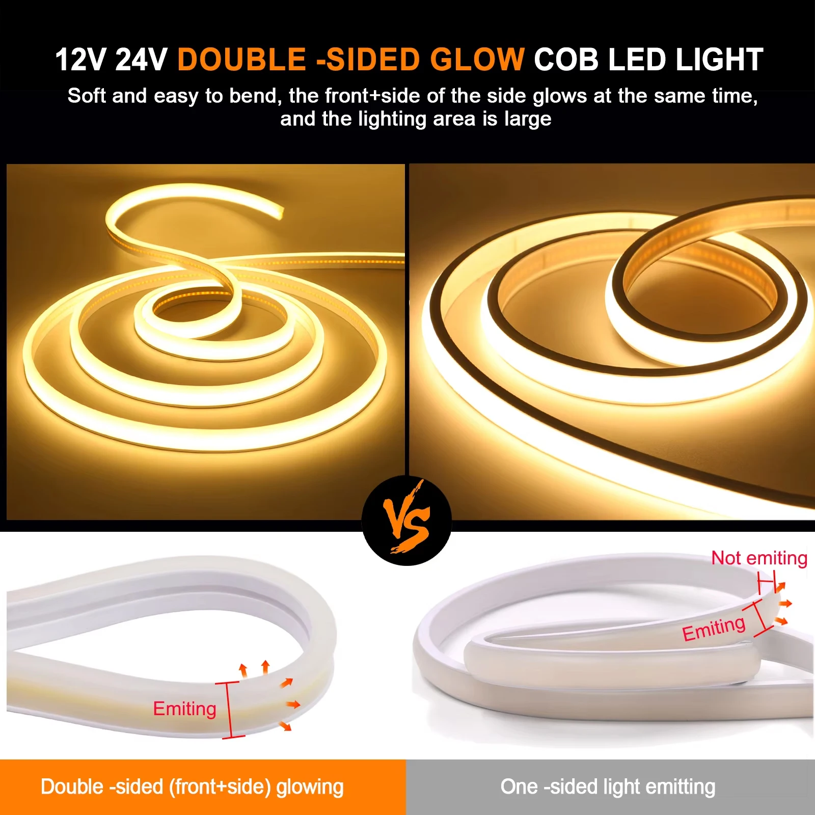 Dimmable COB LED Strip 12V 24V Tuya Wifi Bluetooth Flexible Neon Tape Ribbon 320LED High Linear Light Waterproof COB Led Light