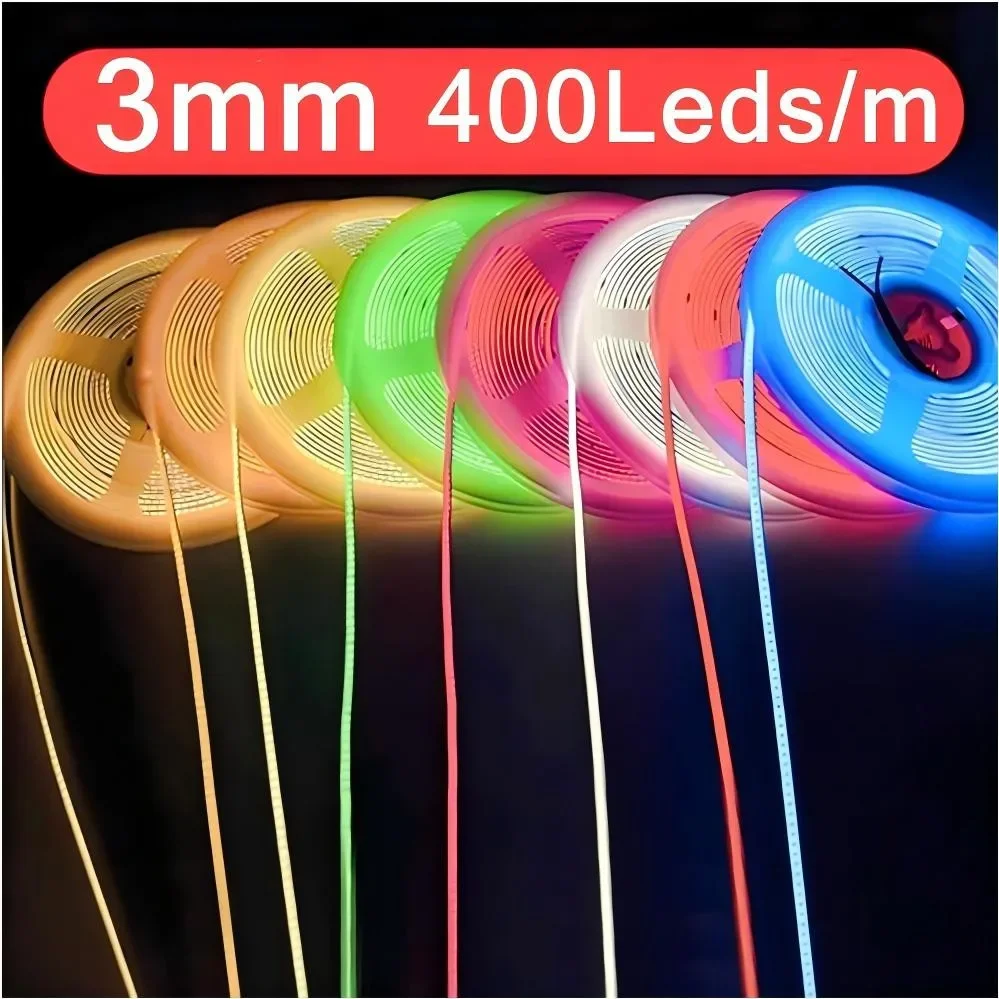 Ultra Thin COB LED Strip 12V 3mm Colorful Dimmable 3000K 4000K 6000K High Density Flexible Light 400LEDs for DIY Home Decor Lamp