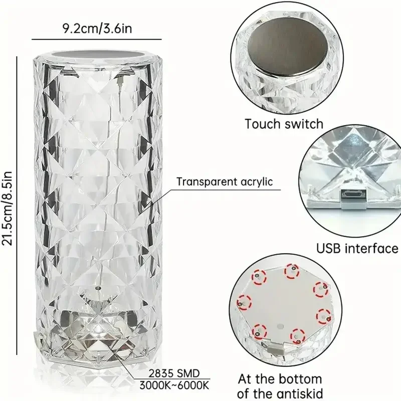 1PC Crystal Rose Table Lamp, Remote Control & Touch Bedside Lamp, LED Night Light, Dimmable Bedside Lamp, USB Rechargeable, for