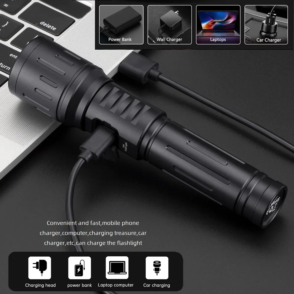 Zoom 4-Colour Light White/Red/Green/Blue LED Flashlight USB Rechargeable Fishing Camping Hunting Photography Selfie Hiking Torch