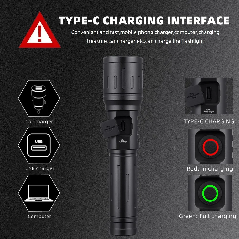 Zoom 4-Colour Light White/Red/Green/Blue LED Flashlight USB Rechargeable Fishing Camping Hunting Photography Selfie Hiking Torch