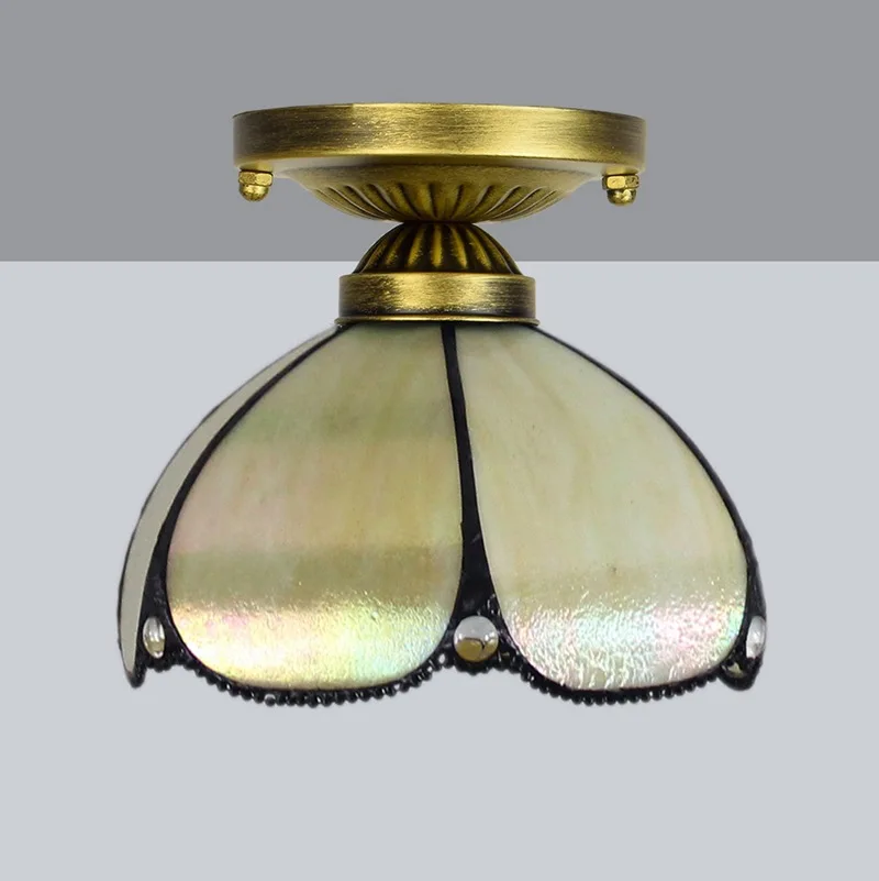 European Stained Glass Ceiling Light - Handcrafted Floral Rose Mosaic, Antique 8Inch Wide Flush Mount for Dining Room/Library