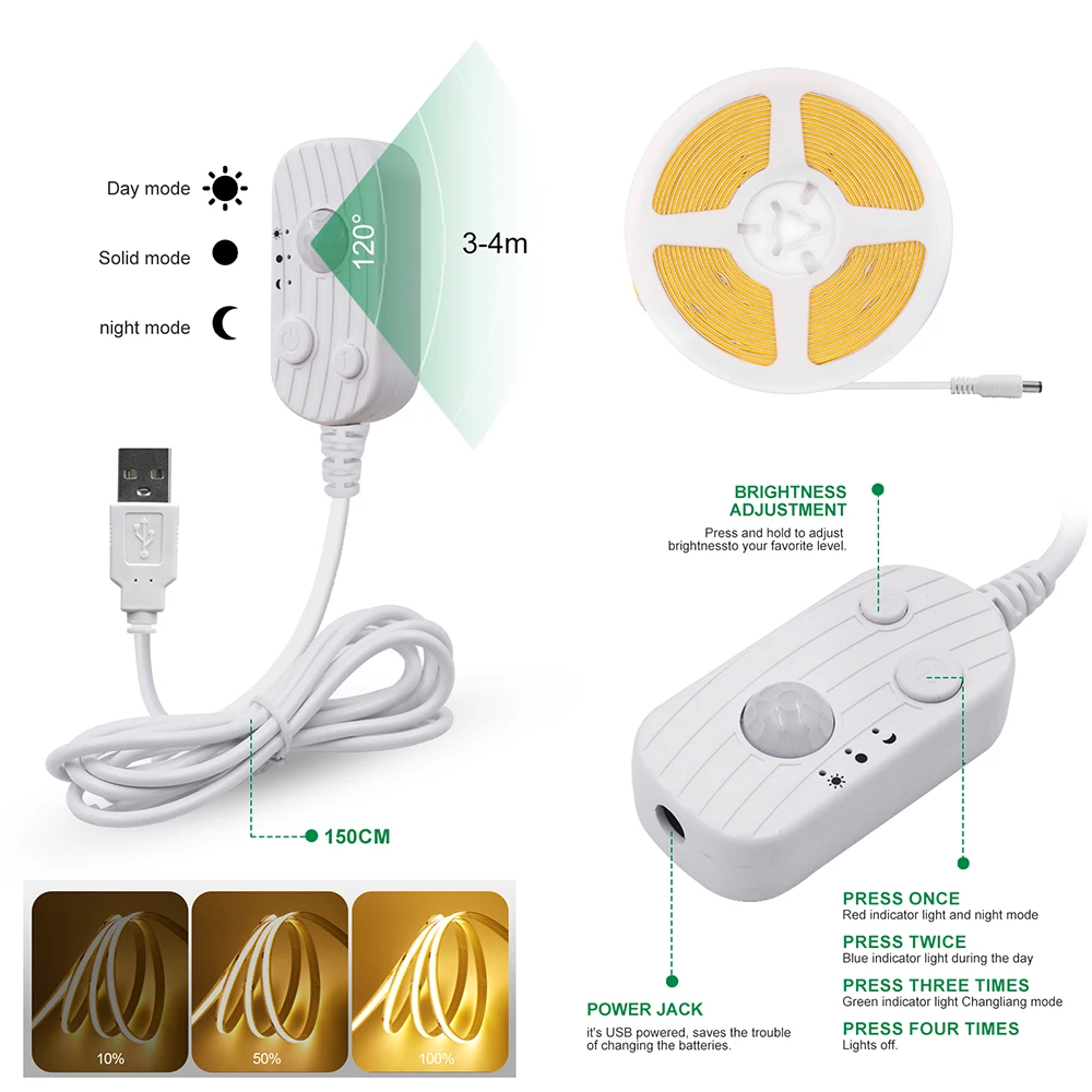 5V Motion Sensor LED COB Light Strip Human Induction USB/Battery Powered Flexible Lamp Under Cabinet Stairs Wardrobe Nightlights