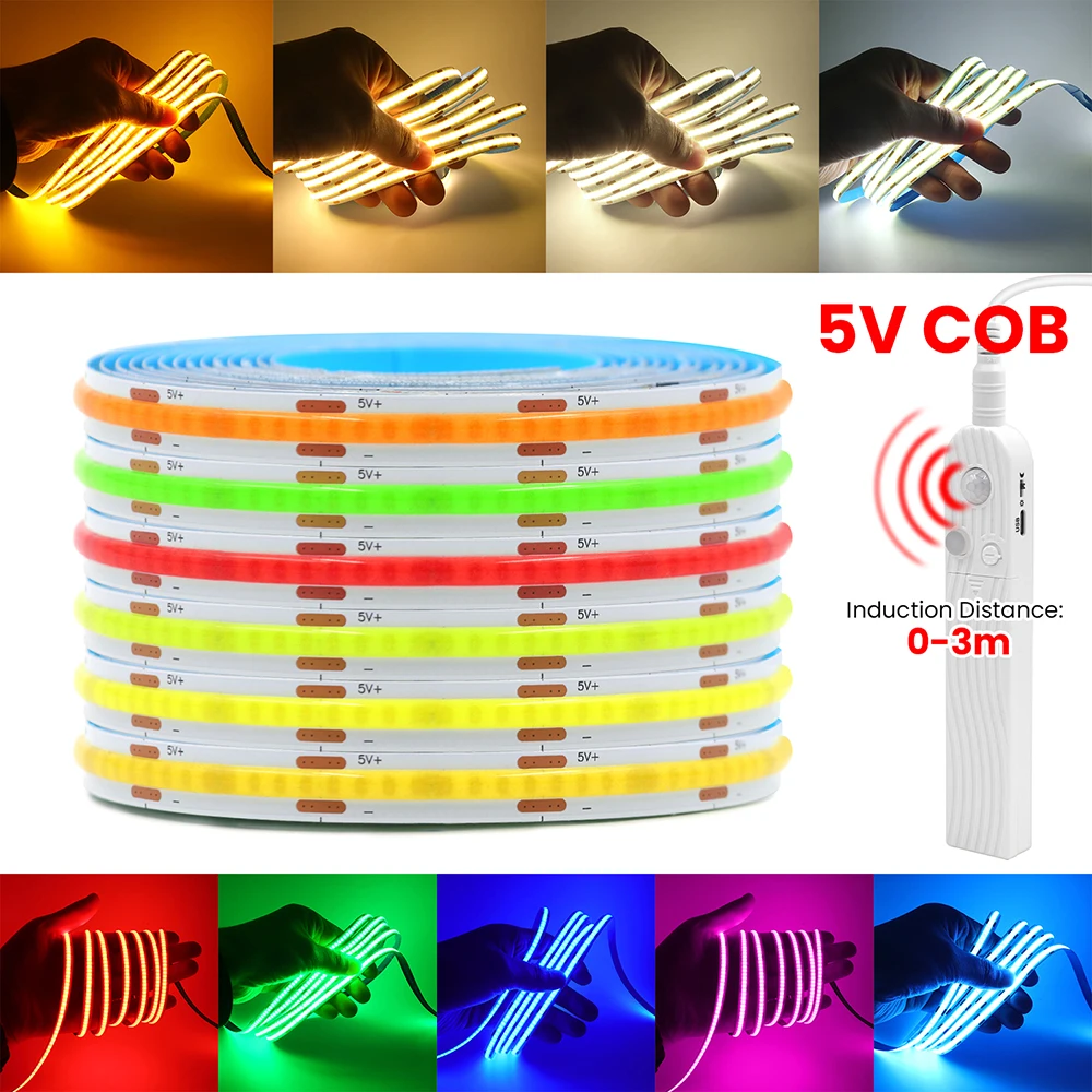 5V Motion Sensor LED COB Light Strip Human Induction USB/Battery Powered Flexible Lamp Under Cabinet Stairs Wardrobe Nightlights