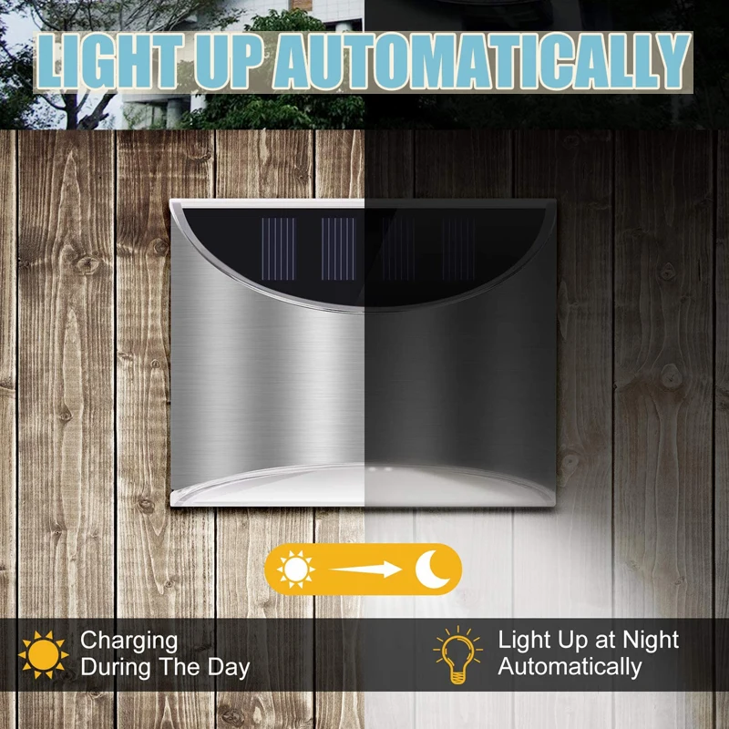 2Pcs Stainless Steel Solar Wall Lights Waterproof Outdoor LED for Garden Patio Fence Deck Step Yard Pathway Landscape Decor Auto