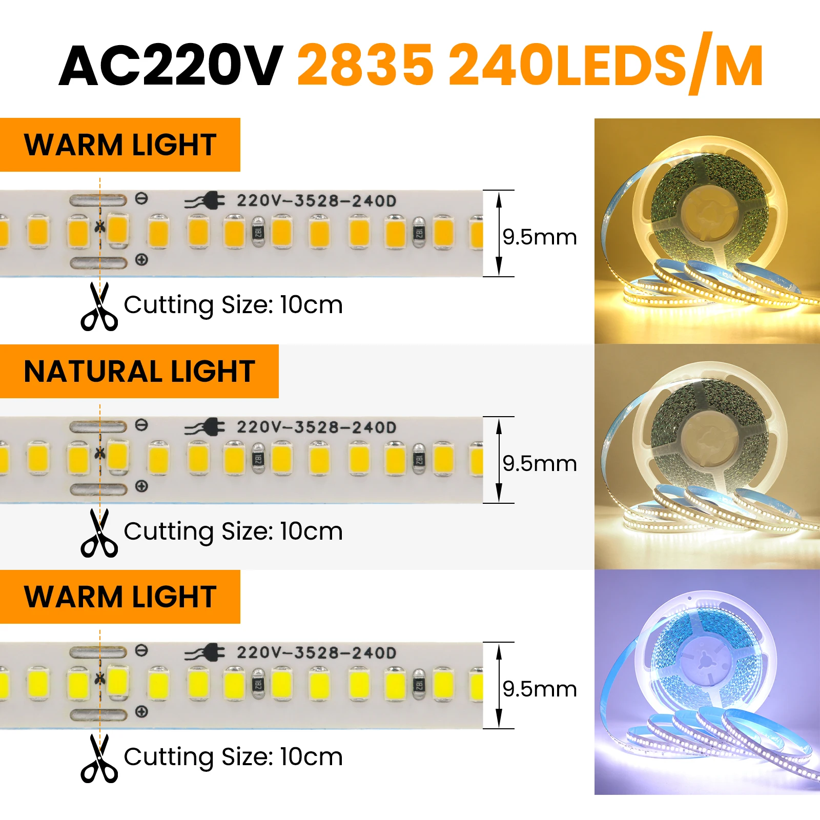AC 220V 110V LED Strip 240Leds/M IP44 10CM Cut Home Decor Warm/Natural White Self Adhesive Flexible Ribbon Stripe Chain Light
