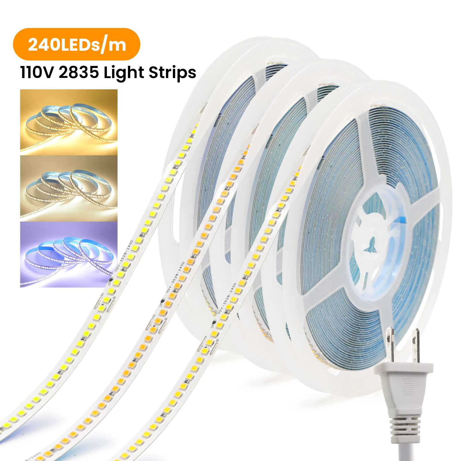 AC 220V 110V LED Strip 240Leds/M IP44 10CM Cut Home Decor Warm/Natural White Self Adhesive Flexible Ribbon Stripe Chain Light