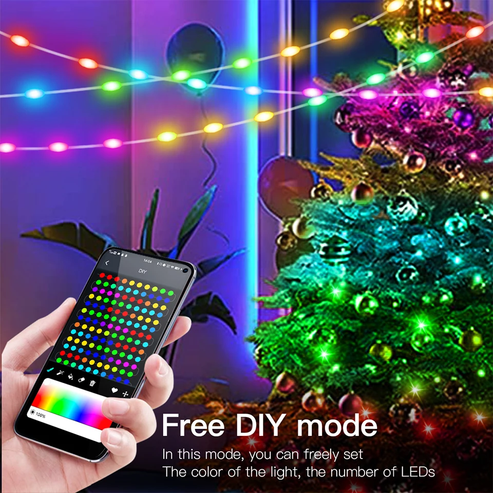 WS2812B Bluetooth LED String Fairy Lights Dreamcolor RGBIC DIY Party Festival Tree Lights Wedding Decoration Garland USB Lamp