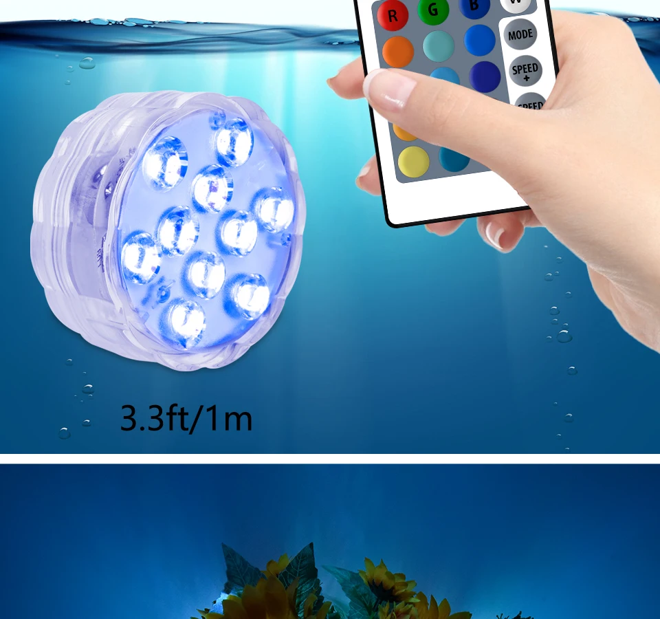 10 LEDs RGB Submersible LED Lights Underwater Night Lamp Battery Operated Garden Swimming Pool Light for Wedding Party Vase Bowl