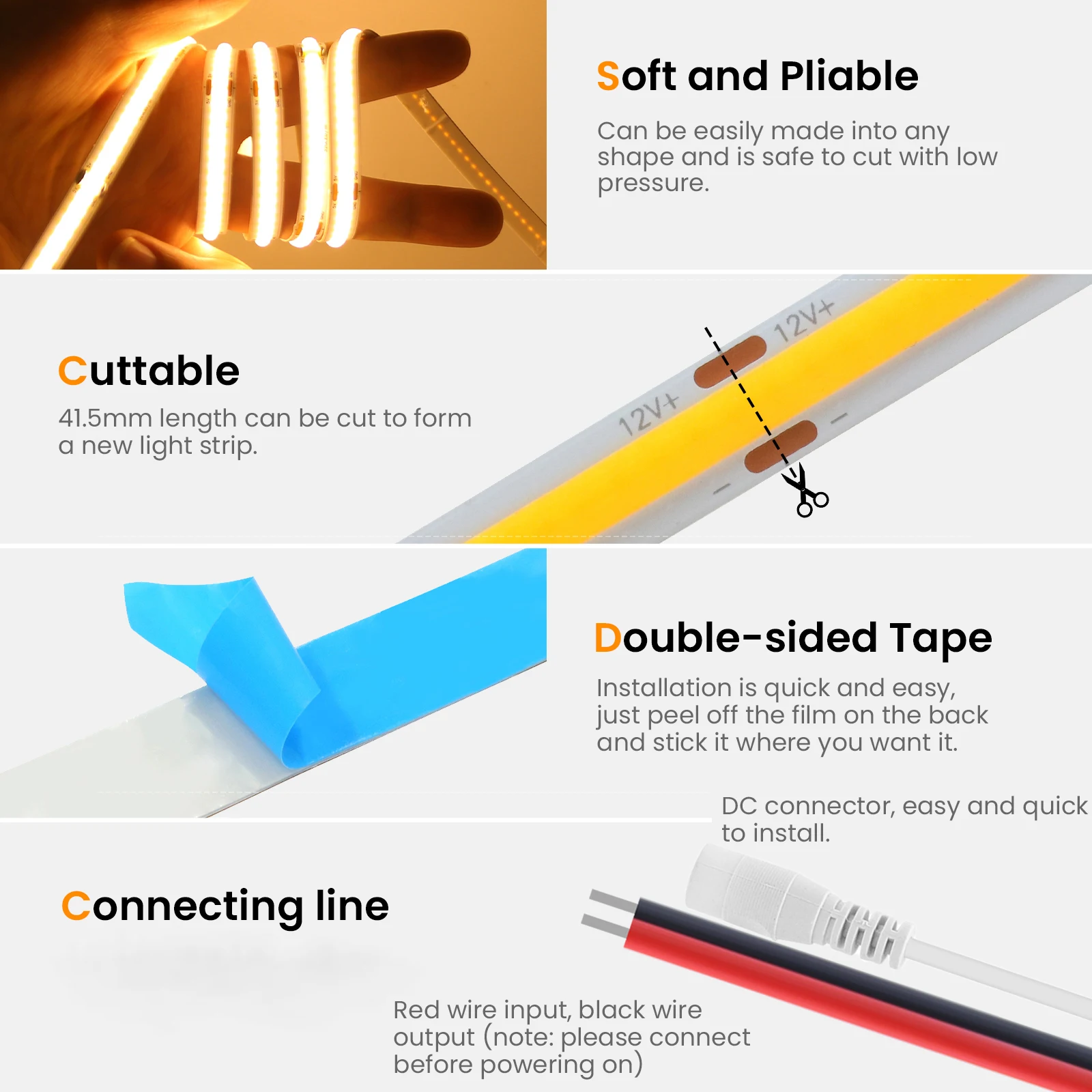 3mm 5mm 8mm Width COB LED Strip Light DC 12V 24V 384LEDs/m High Density for Room Linear Dimmable Flexible Tape 3000K 4000K 6000K