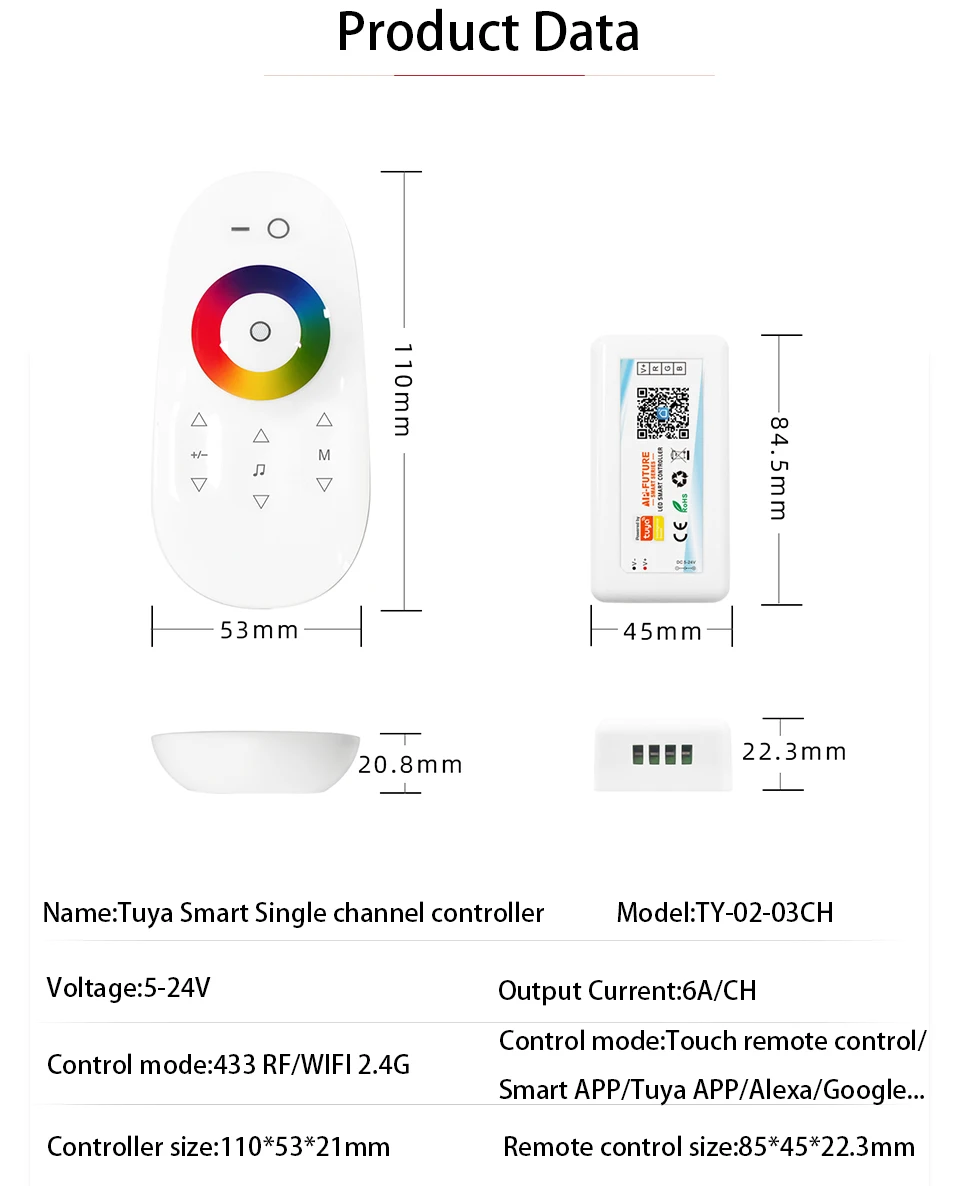 Tuya Smart Life Home DC5V12V24V 6A/CH Max15A DIM CCT RGB Led Light Strip WIFI DIMMER Controller 2.4G Remote/APP/Alexa Control