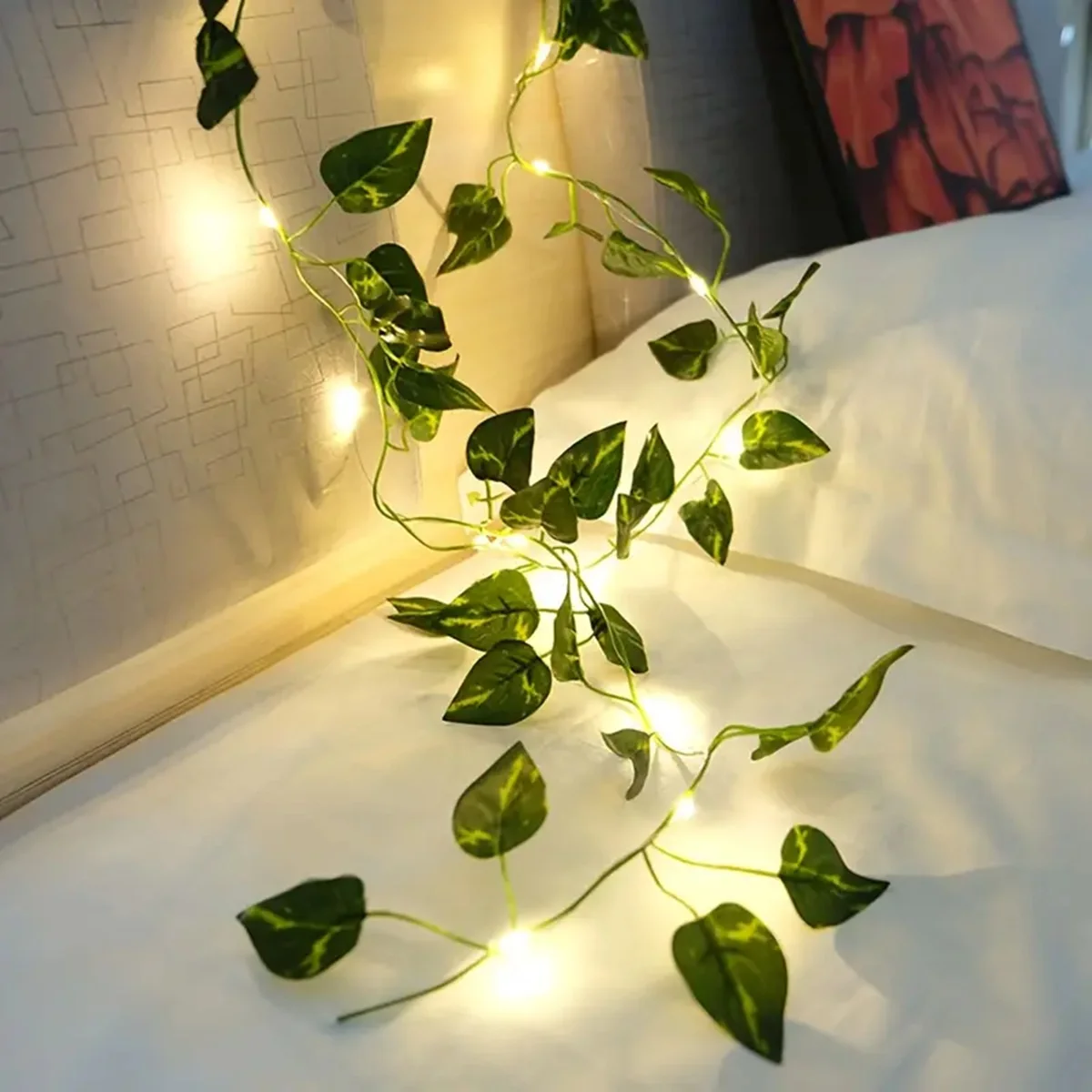 1pc Artificial Plants LED String Lights 6.56ft 20LED Scindapsus Leaves String Lights Battery Operated For Hanging Festival Decor
