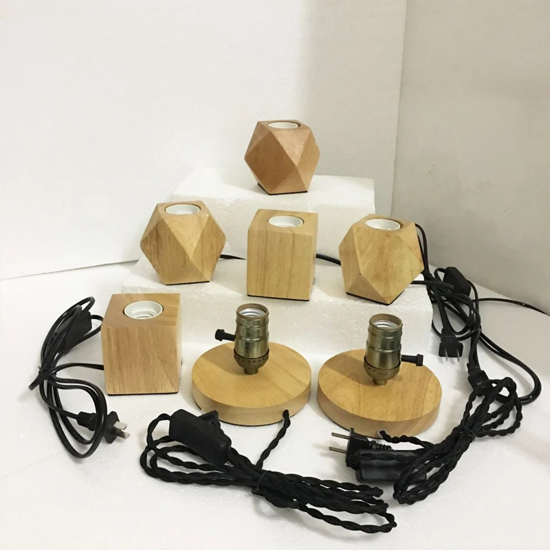 Retro Wood Table Lamp E27 Socket Vintage Desk Lamp Base Holder EU Plug Bedside Lamp Decoration Wooden Base Table Light 220V 110V