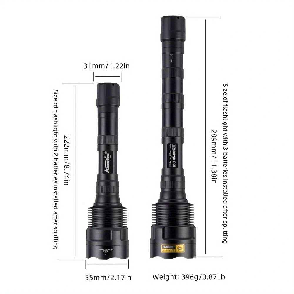 60W 3x365nm UV LED Powerful Black Light 395nm Flashlight High Power Ultra Violet Invisible Marker Curing Cat Dog Checker Light