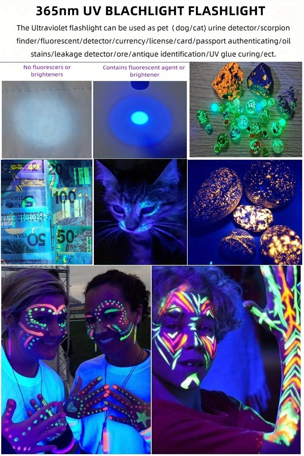 60W 3x365nm UV LED Powerful Black Light 395nm Flashlight High Power Ultra Violet Invisible Marker Curing Cat Dog Checker Light