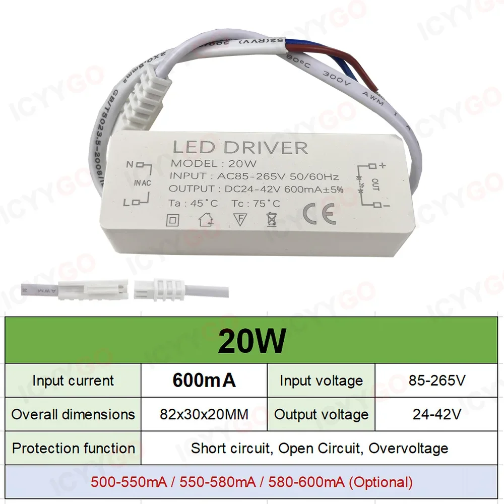 LED Driver 8-12W 20W 30W 36W 300mA 600mA 900MA LED Constant Current Drive Power Supply External GU10E27 Isolation Wide Voltage