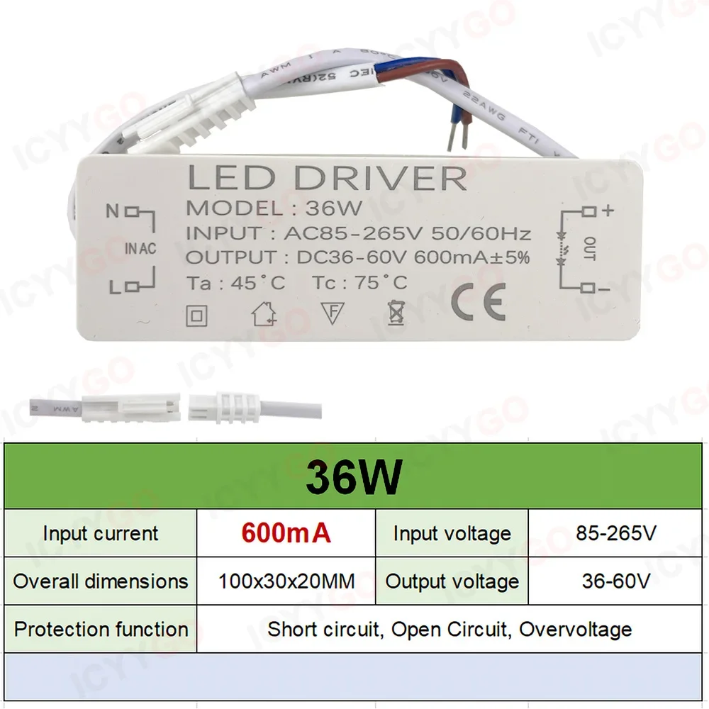 LED Driver 8-12W 20W 30W 36W 300mA 600mA 900MA LED Constant Current Drive Power Supply External GU10E27 Isolation Wide Voltage