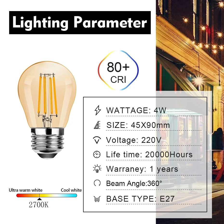 Grensk 25Pcs/Lot Led Filament Edison Bulb E27 G45 Mini Globe 4W Dimmable Vintage Led Lamp 2700K Warm White For String Light Bulb