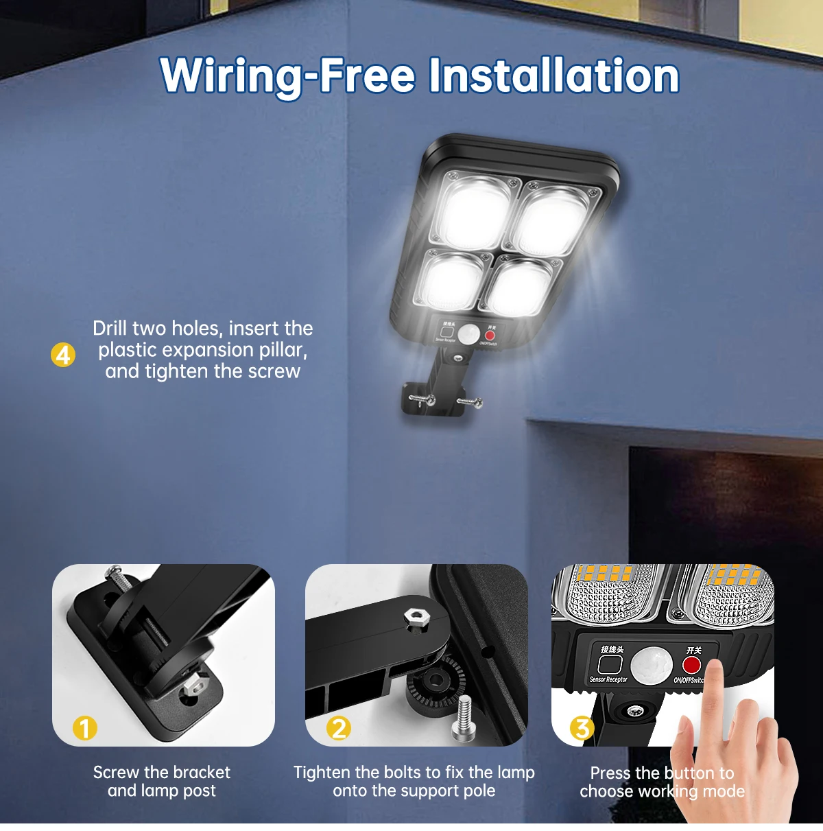 100/200led Solar Street Light IP65 Waterproof Solar Outdoor Motion Sensor Lights Solar Wall Light with Remote for Garden Yard
