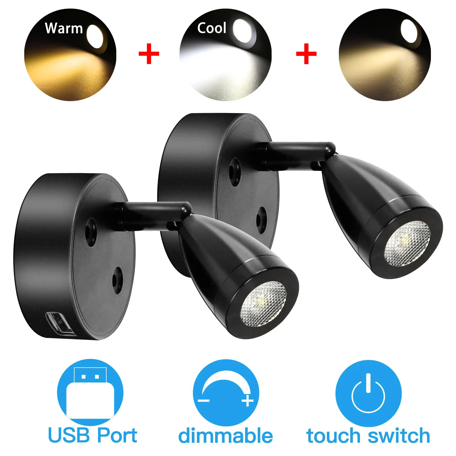 2/1X LED Reading Spotlight Interior Lighting Aluminum Adjustable Touch Control Dimmable Wall Lamp for Boat RV Trailer Warm Cool