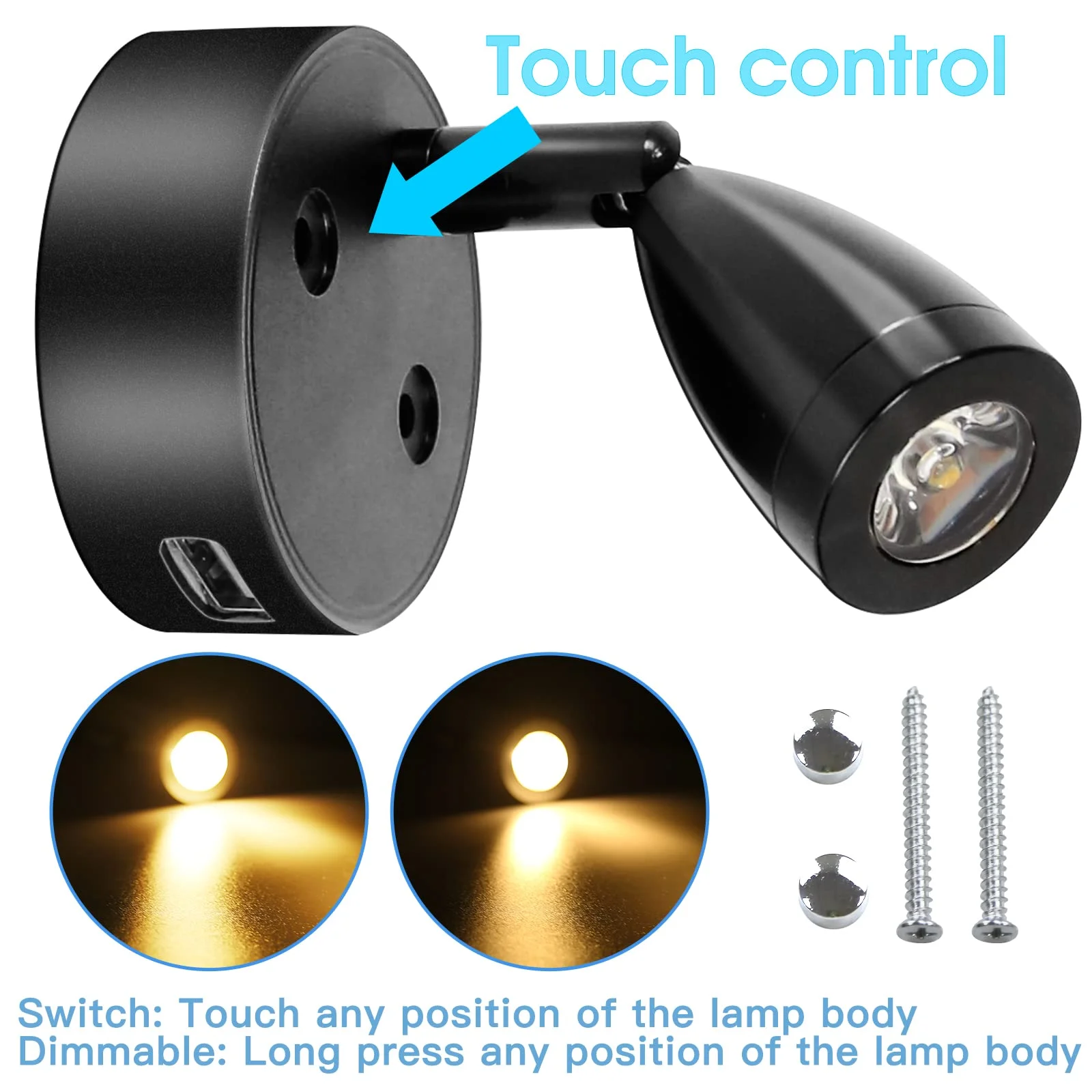 2/1X LED Reading Spotlight Interior Lighting Aluminum Adjustable Touch Control Dimmable Wall Lamp for Boat RV Trailer Warm Cool