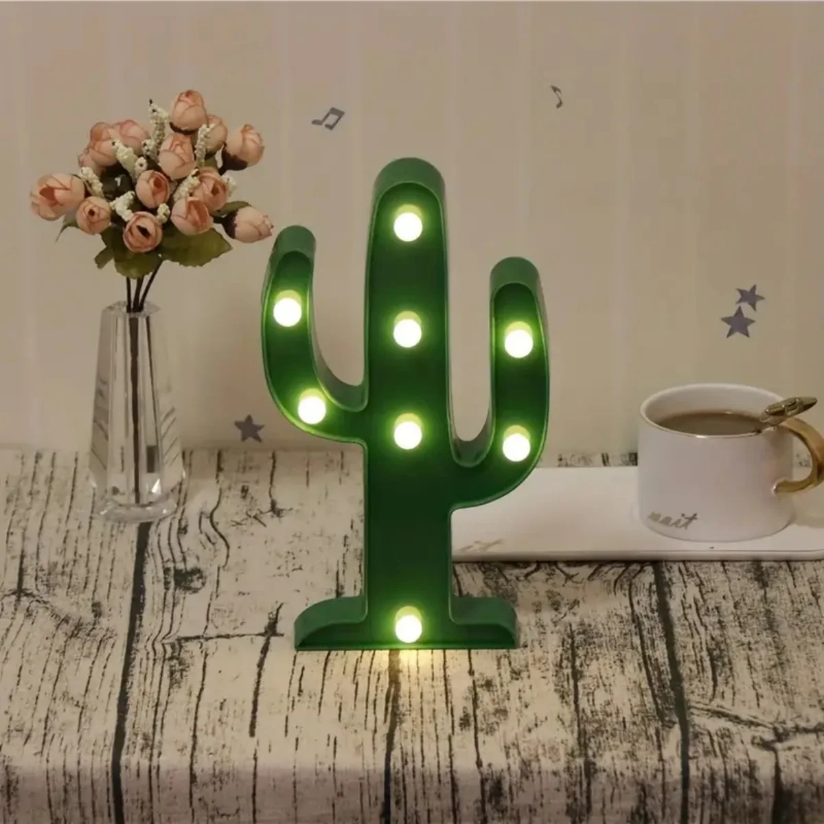 1pc Cactus Shaped Battery Operated Night Light Green Plastic Cactus Mini Table Lamp Wall Mountable Suitable For Bedroom Decor