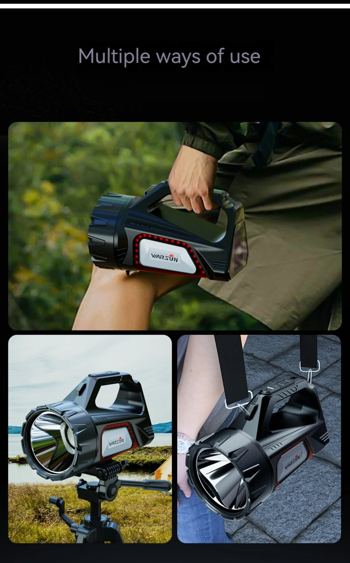 Warsun Solar Energy Searchlight Rechargeable Ultra Bright Camping Flashlights ABS Portable Powerful Lantern Torches For Hiking