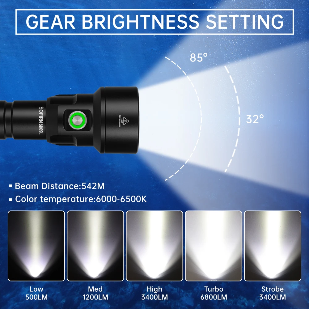 SOFIRN SD09L 6800lm Scuba Diving Flashlight SST40 LED 542m Underwater Dive Light Submersible Torch with Rechargeable Power