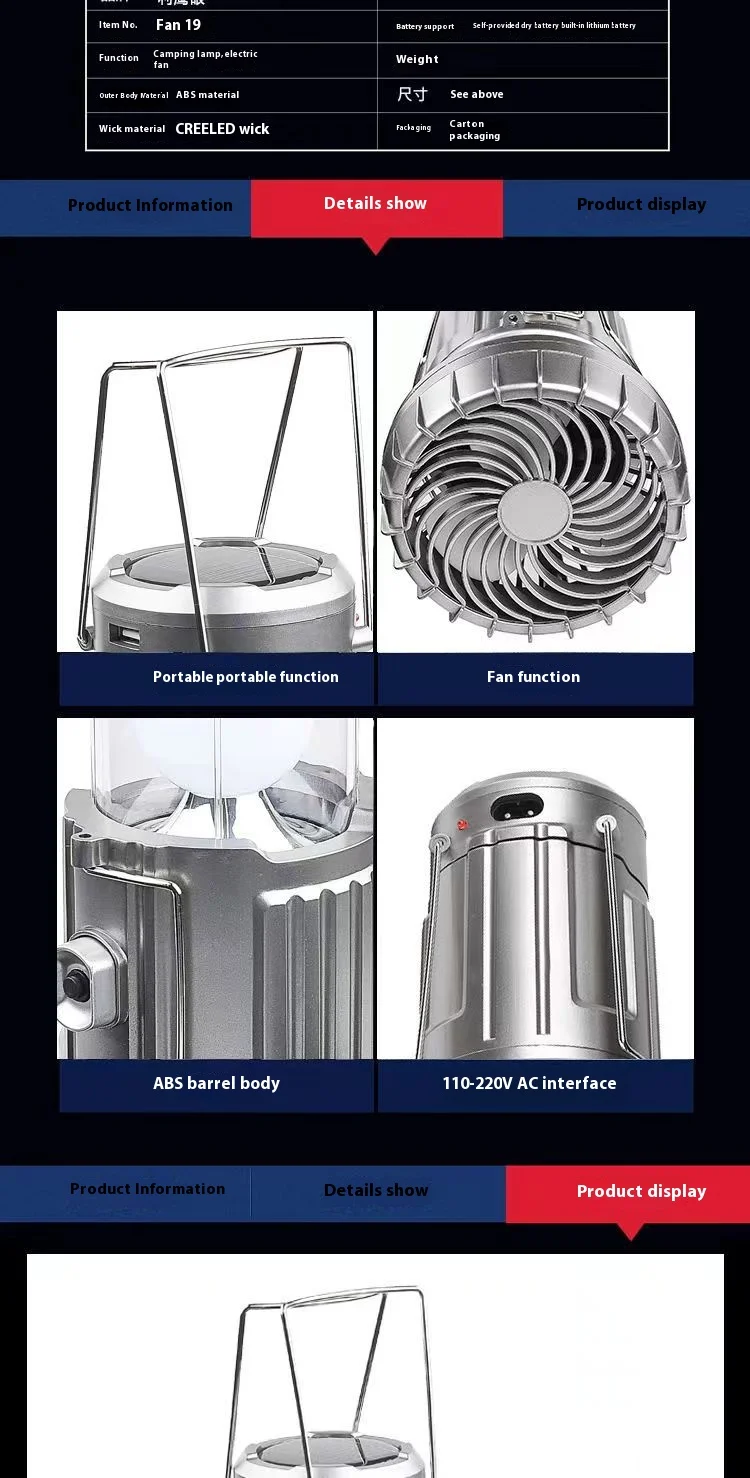 Solar Portable Camping Lanterns Electric Fan 1500mAh LED Solar Power Hanging Tent Rechargeable Outdoor Emergency Lamp with Fan