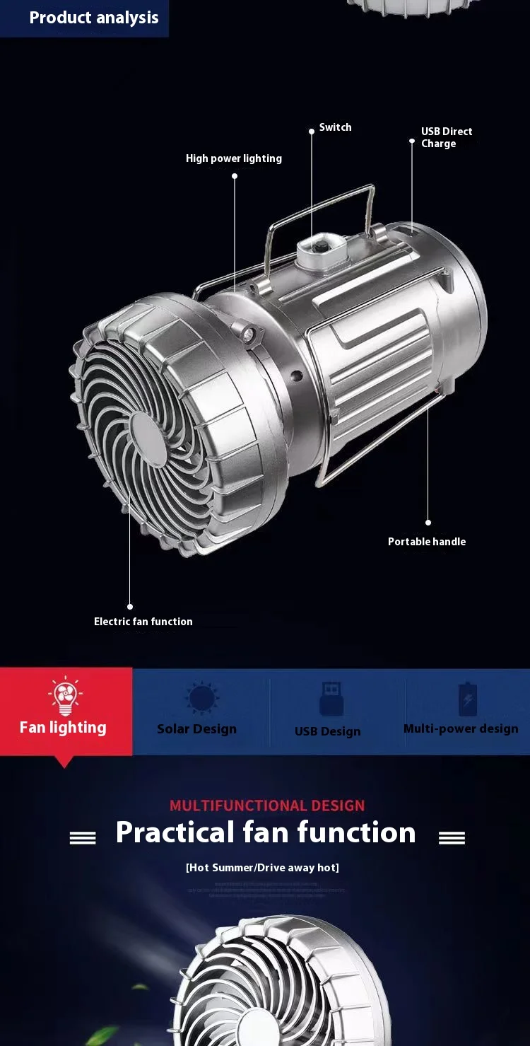 Solar Portable Camping Lanterns Electric Fan 1500mAh LED Solar Power Hanging Tent Rechargeable Outdoor Emergency Lamp with Fan