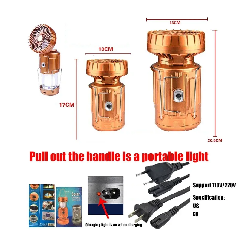 Solar Portable Camping Lanterns Electric Fan 1500mAh LED Solar Power Hanging Tent Rechargeable Outdoor Emergency Lamp with Fan