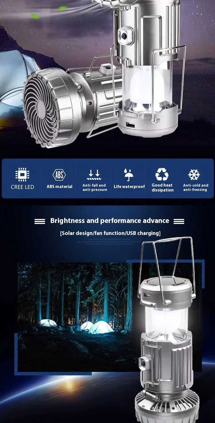 Solar Portable Camping Lanterns Electric Fan 1500mAh LED Solar Power Hanging Tent Rechargeable Outdoor Emergency Lamp with Fan