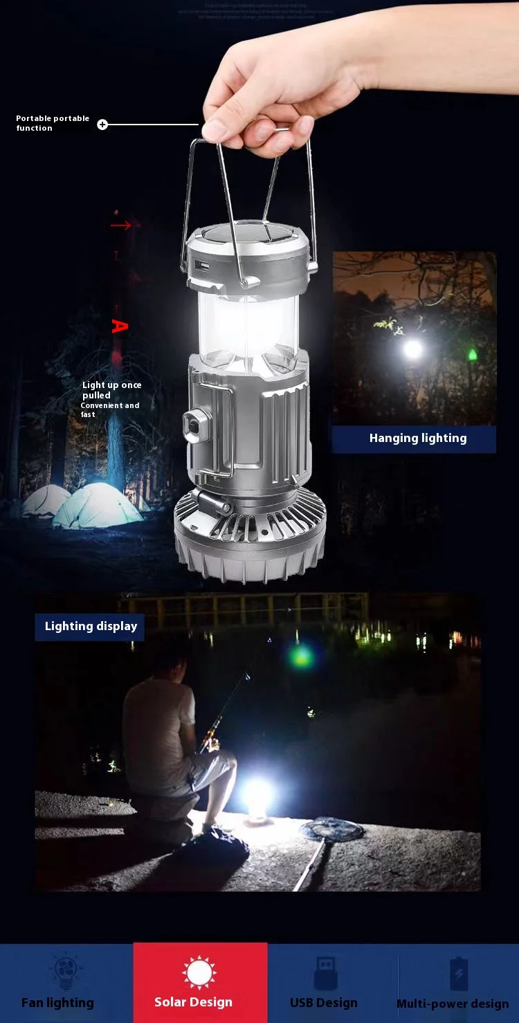 Solar Portable Camping Lanterns Electric Fan 1500mAh LED Solar Power Hanging Tent Rechargeable Outdoor Emergency Lamp with Fan