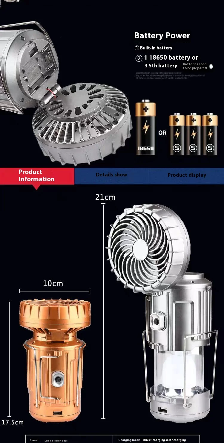 Solar Portable Camping Lanterns Electric Fan 1500mAh LED Solar Power Hanging Tent Rechargeable Outdoor Emergency Lamp with Fan