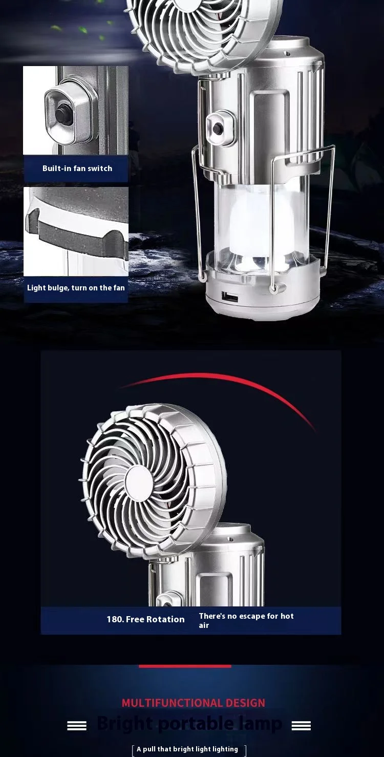 Solar Portable Camping Lanterns Electric Fan 1500mAh LED Solar Power Hanging Tent Rechargeable Outdoor Emergency Lamp with Fan