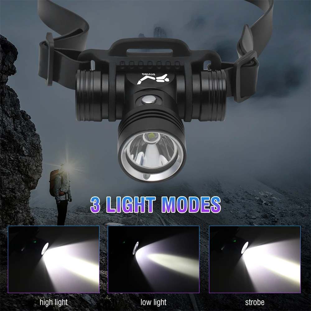BORUiT B14 1200LM LED Scuba Diving Headlamp IPX8 Waterproof Underwater 60M Headlight 3-Mode Use 18650 Battery Diving Light