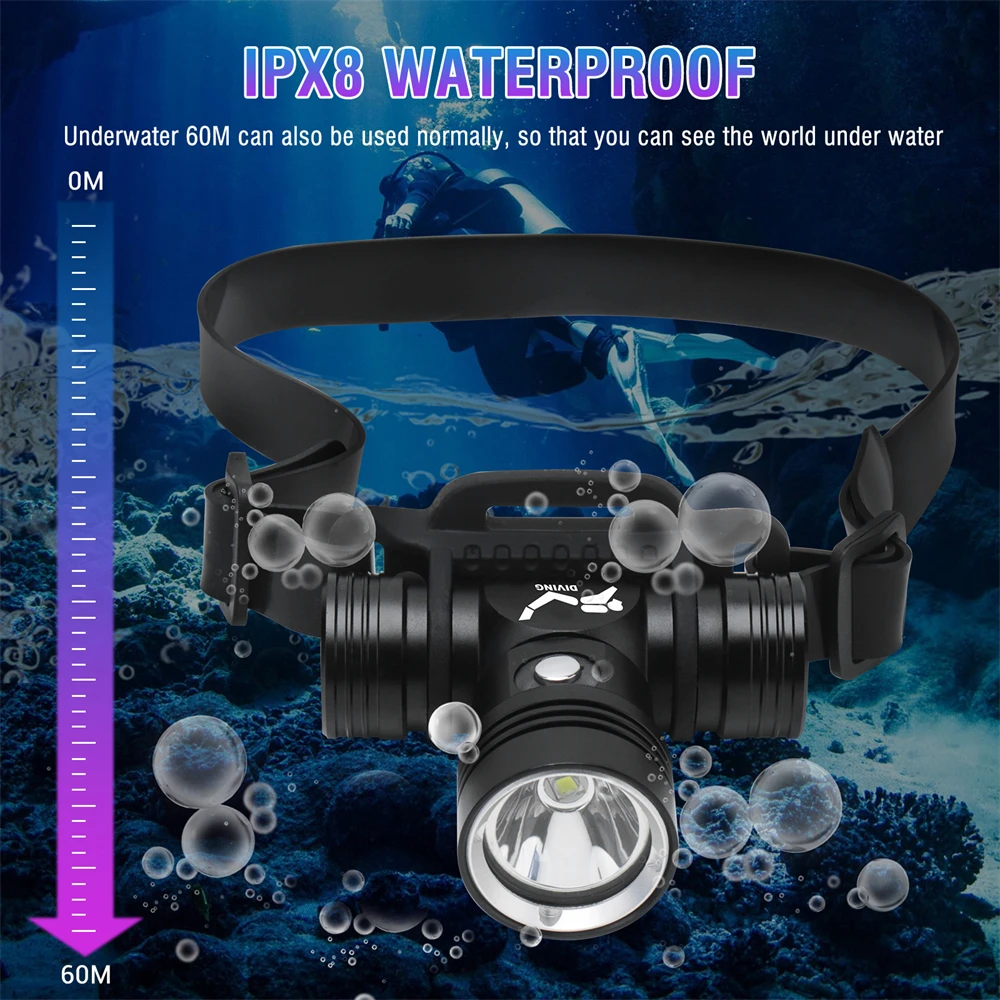 BORUiT B14 1200LM LED Scuba Diving Headlamp IPX8 Waterproof Underwater 60M Headlight 3-Mode Use 18650 Battery Diving Light