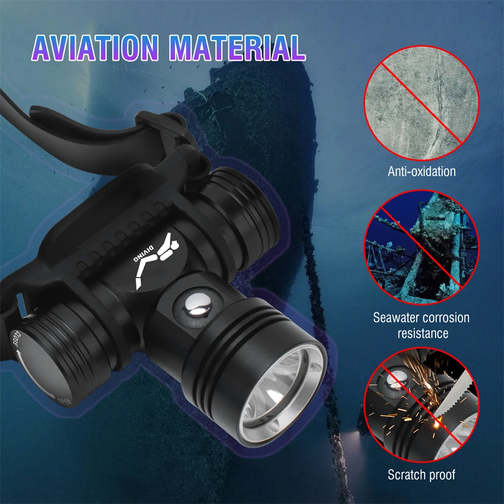 BORUiT B14 1200LM LED Scuba Diving Headlamp IPX8 Waterproof Underwater 60M Headlight 3-Mode Use 18650 Battery Diving Light