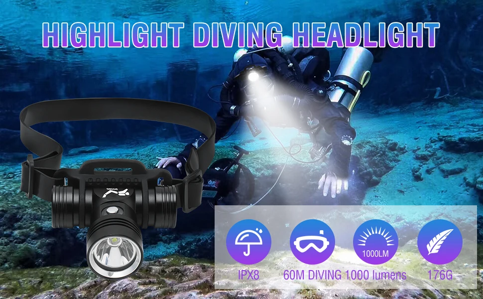 BORUiT B14 1200LM LED Scuba Diving Headlamp IPX8 Waterproof Underwater 60M Headlight 3-Mode Use 18650 Battery Diving Light