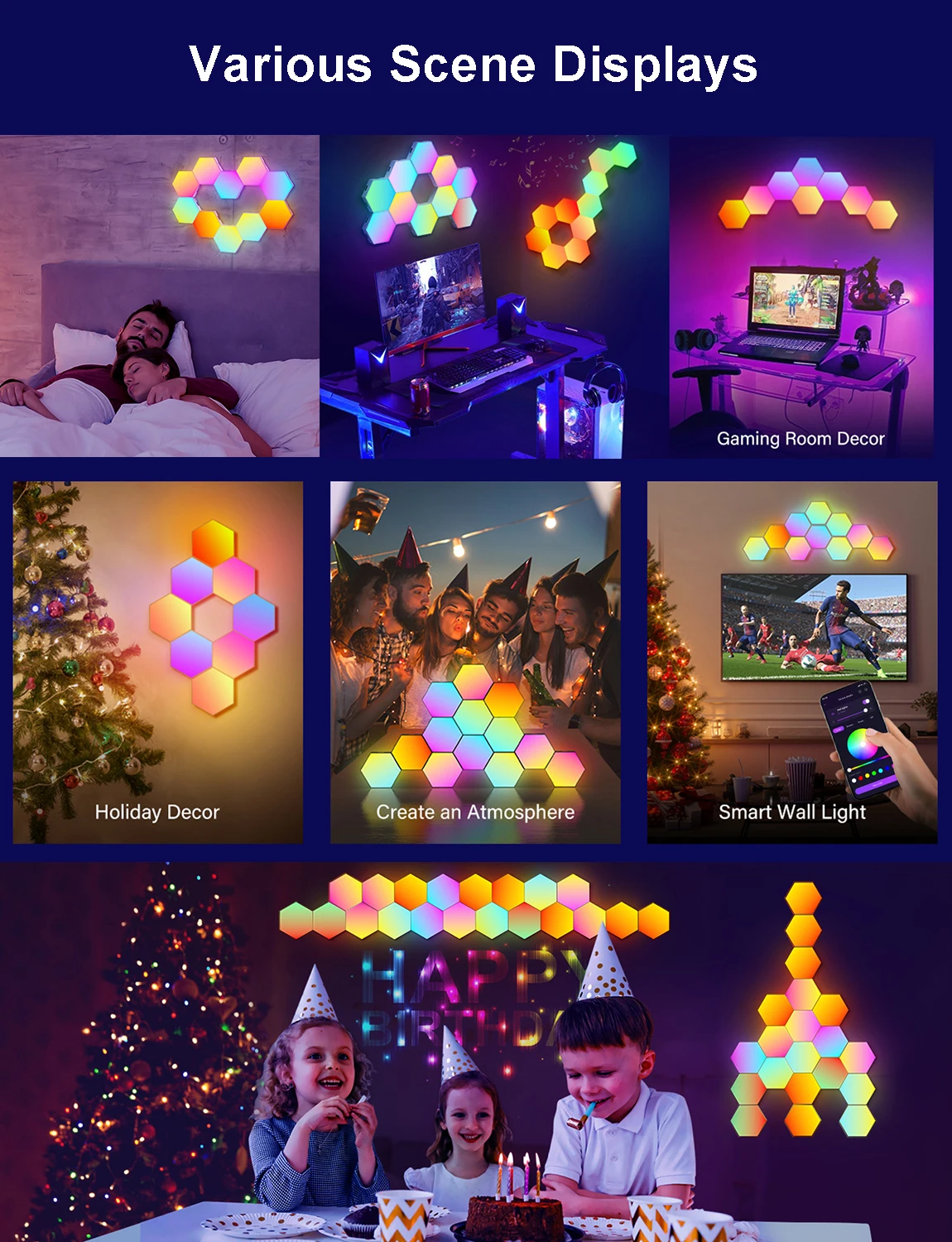 Fivemi RGB Smart Hexagonal Wall Lamp Color Changing Ambient Night Light Hexagonal DYI Music Rhythm APP Control Game Room Bedroom