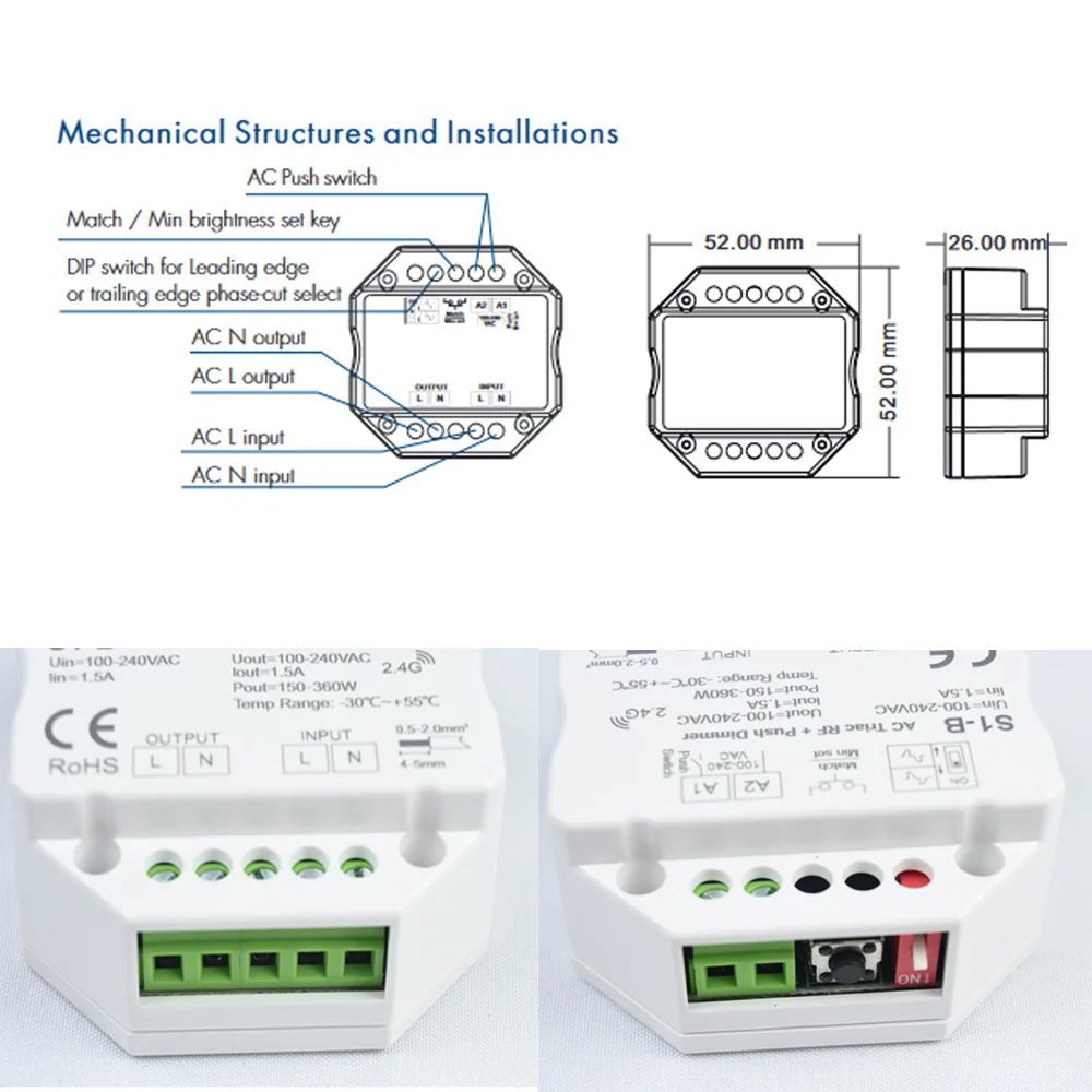 WiFi RF AC Triac Dimmer Push Switch Lamp Controller 2.4G Wireless Rotary Knob Dimming Remote fr Alexa Google Tuya Smart Life APP