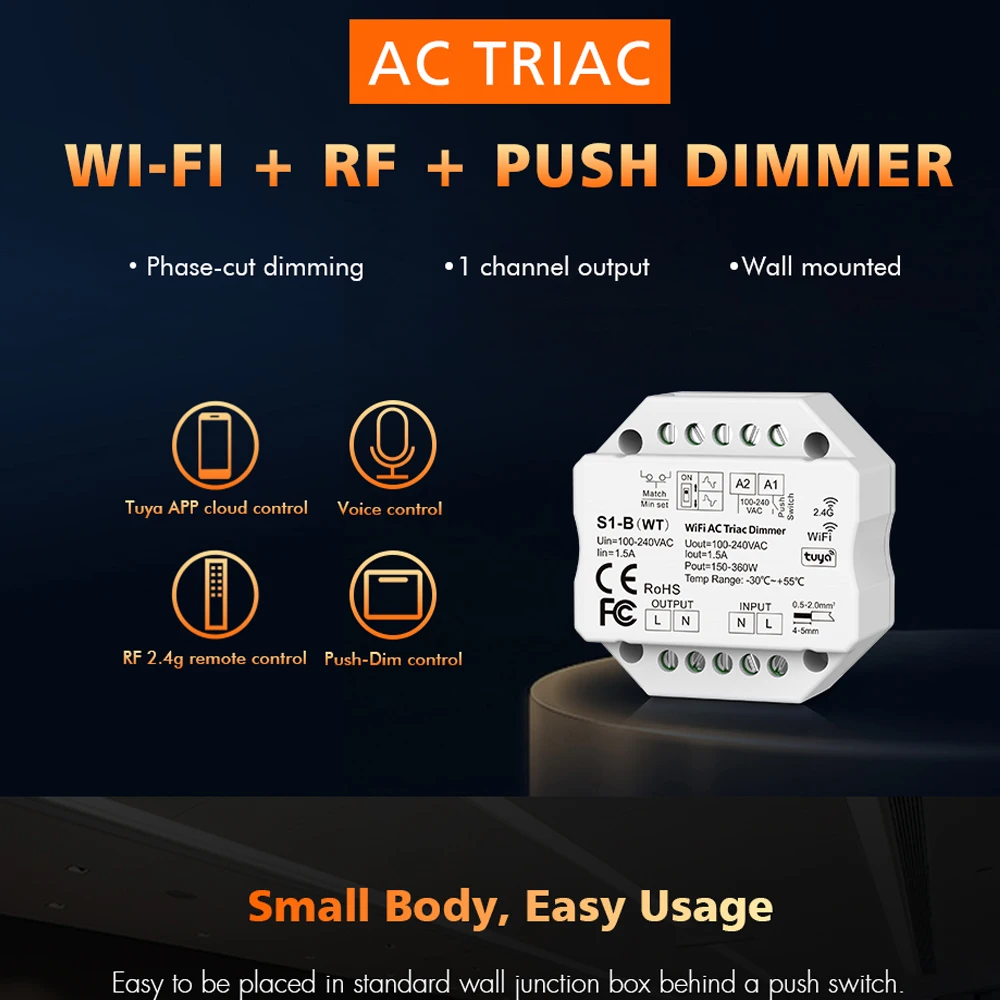 WiFi RF AC Triac Dimmer Push Switch Lamp Controller 2.4G Wireless Rotary Knob Dimming Remote fr Alexa Google Tuya Smart Life APP