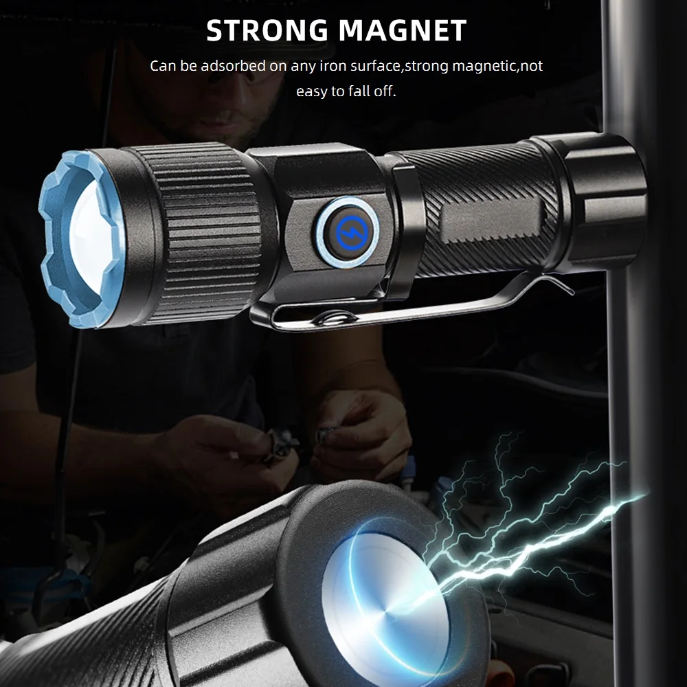 Zoom White Beam Light Long Distance Mini Flashlight Type-C Usb Rechargeable Portable Pocket Torch Home Outdoor 16340 Battery