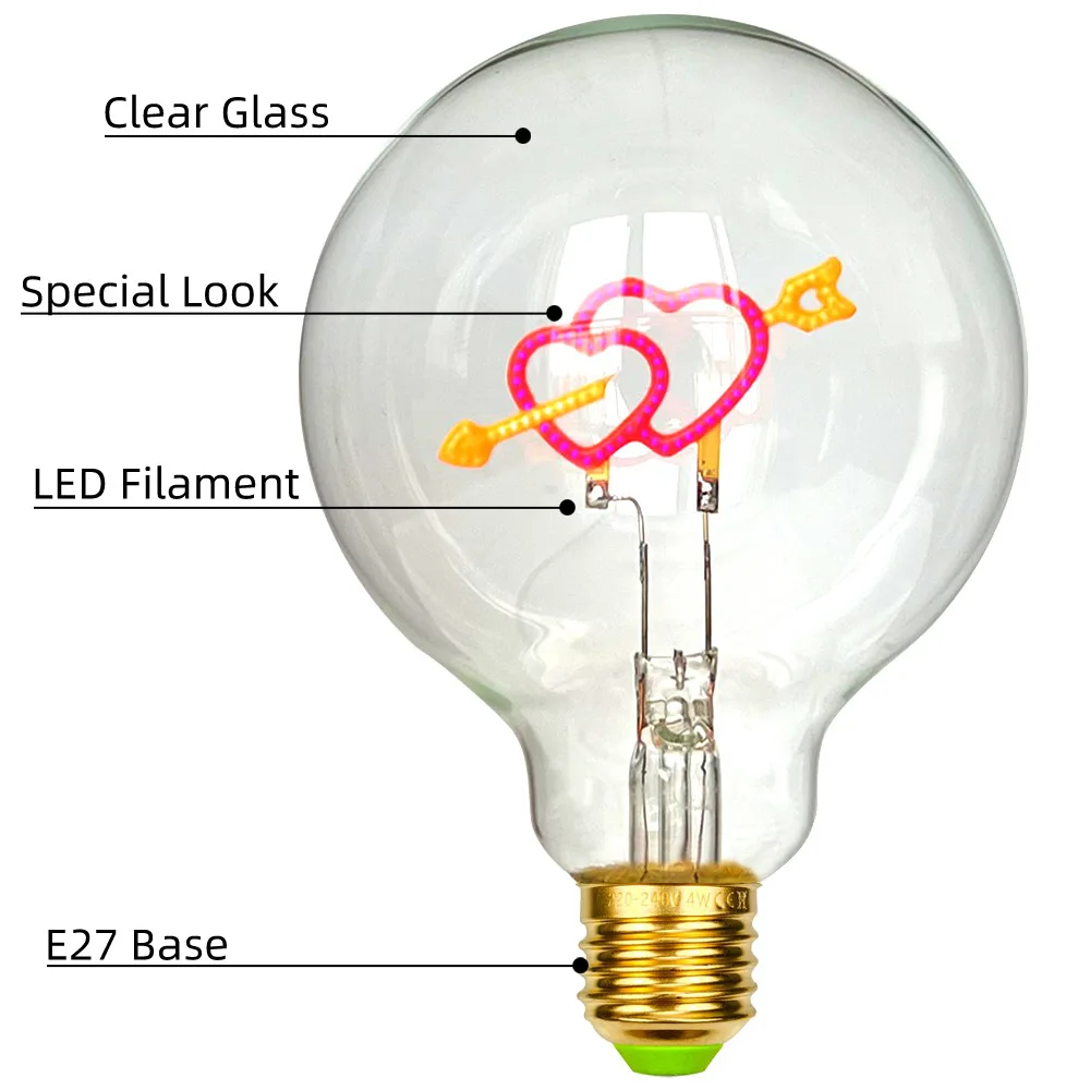 TIANFAN Vintage Edison Led Bulb Big Globe G95 Heart Cupid's Arrow 3W Dimmable 110V 220V E26 E27 Specialty Decorative Light Bulb