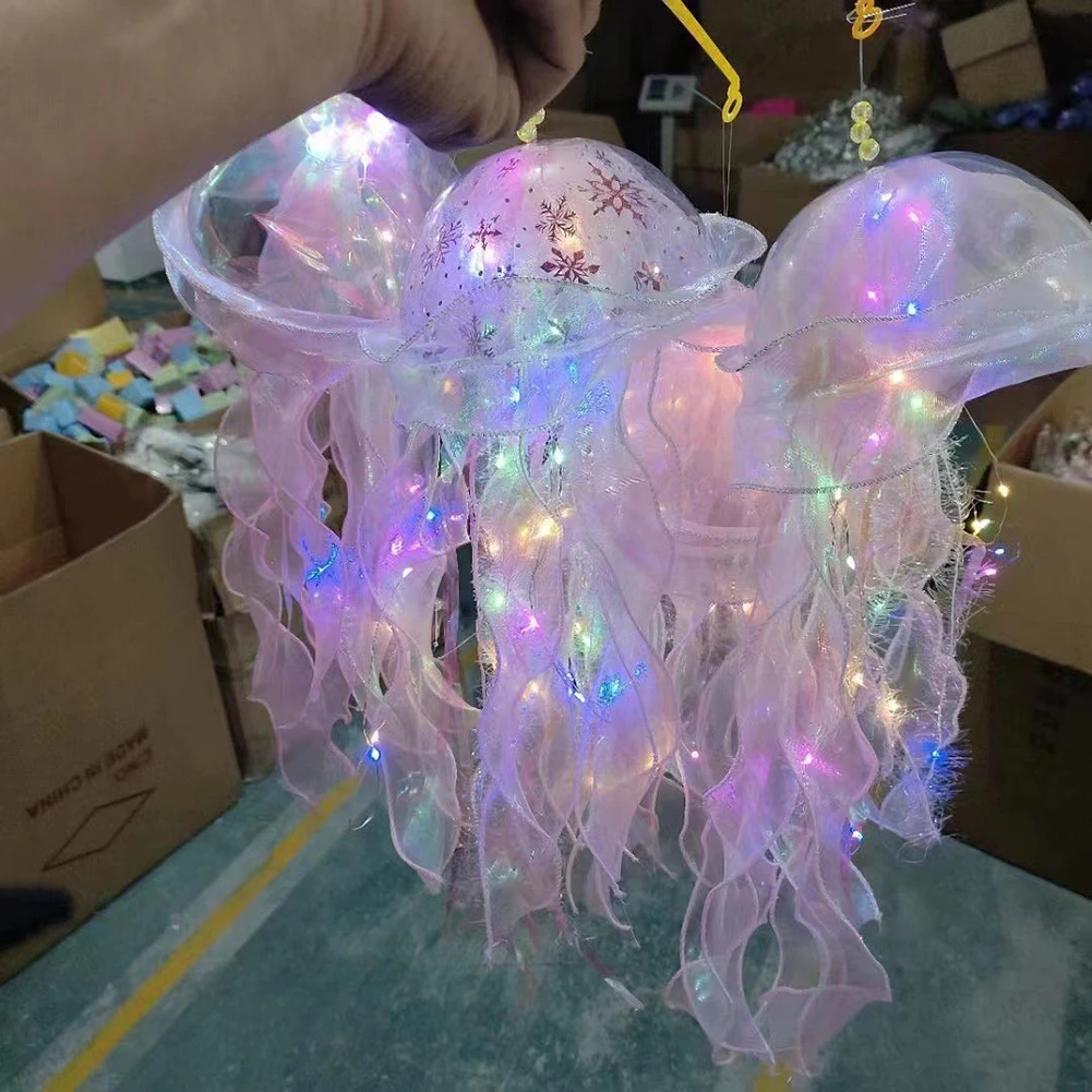 Jellyfish Colorful Nightlight Button Battery Hanging Ceiling Lantern Creative with Ribbon&Bead for Children Bedroom
