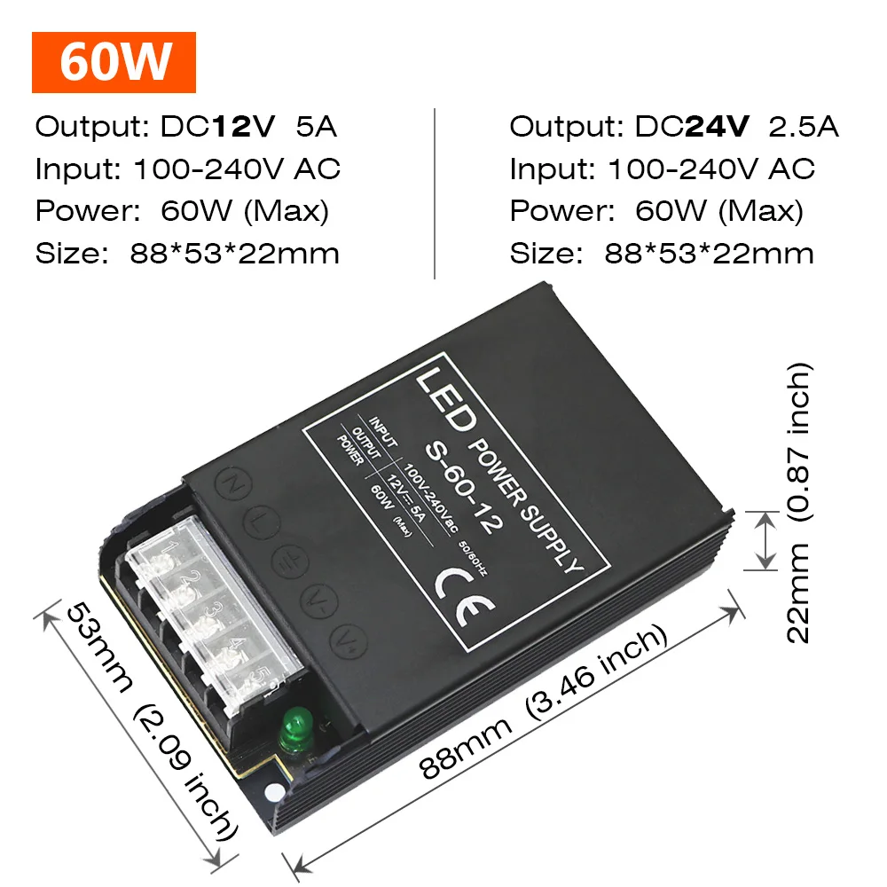 Constant Voltage Power Supply 48W 60W 100W 150W 200W 300W 400W Thin Driver For LED Strips DC 12V / 24V Lighting Transformers