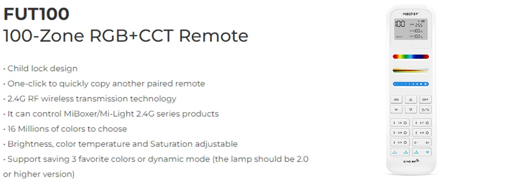 MiBoxer Wireless RGB+CCT Zone Panel Hand Remote FUT088 FUT089 FUT089S FUT100 FUT092 S2W+ S2-W S2-B C4 C5 C8 Y3 K6 2.4G RF Remote