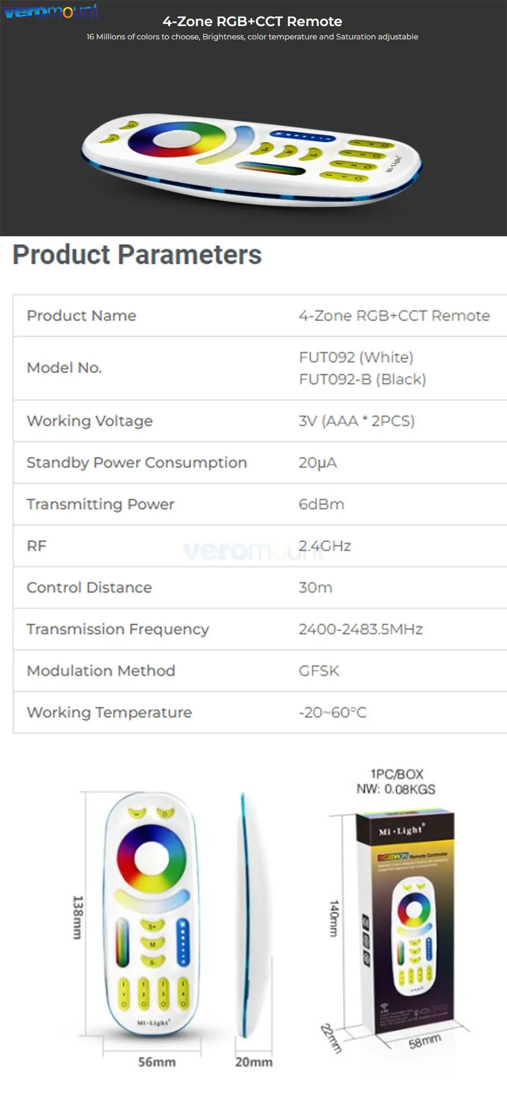 MiBoxer Wireless RGB+CCT Zone Panel Hand Remote FUT088 FUT089 FUT089S FUT100 FUT092 S2W+ S2-W S2-B C4 C5 C8 Y3 K6 2.4G RF Remote