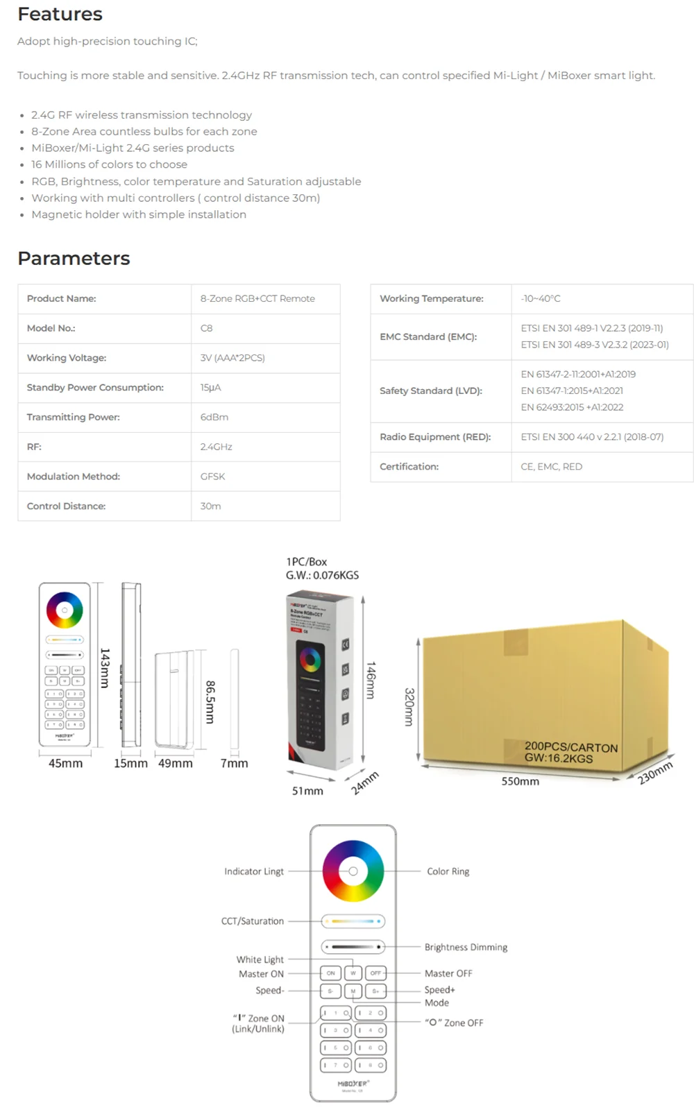 MiBoxer Wireless RGB+CCT Zone Panel Hand Remote FUT088 FUT089 FUT089S FUT100 FUT092 S2W+ S2-W S2-B C4 C5 C8 Y3 K6 2.4G RF Remote